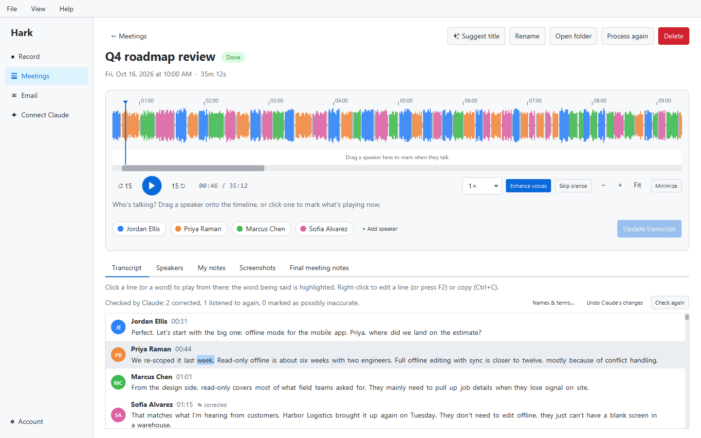 Hark showing a meeting transcript with each speaker named and colored