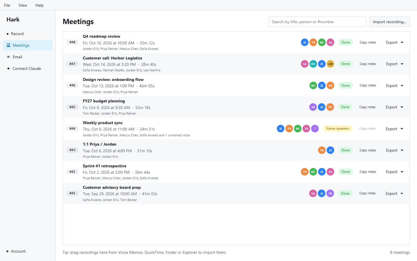 The list of recorded meetings in Hark