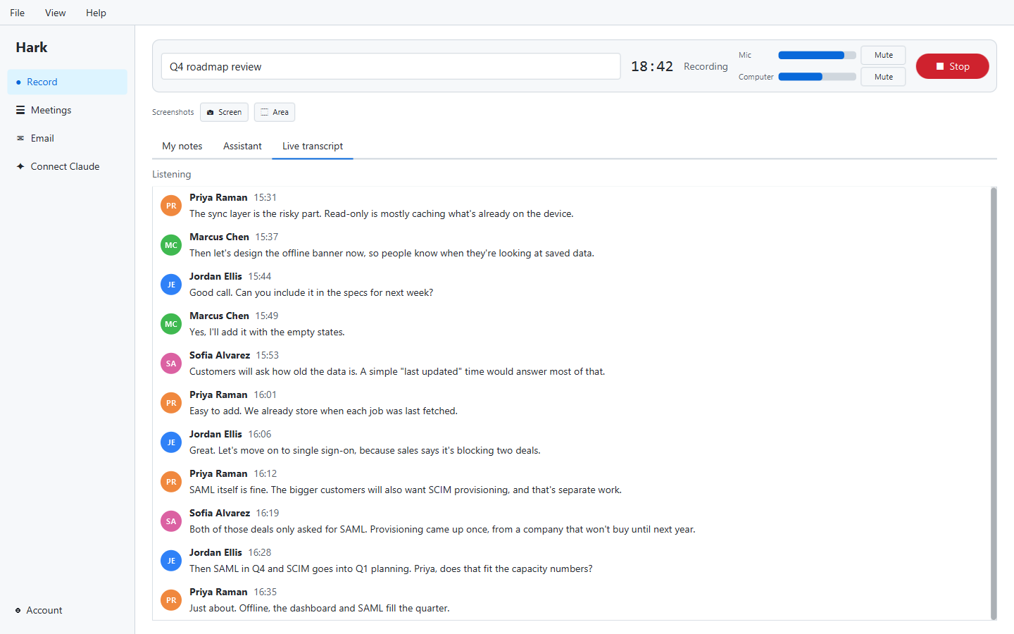 Hark's record page with a live transcript during a meeting